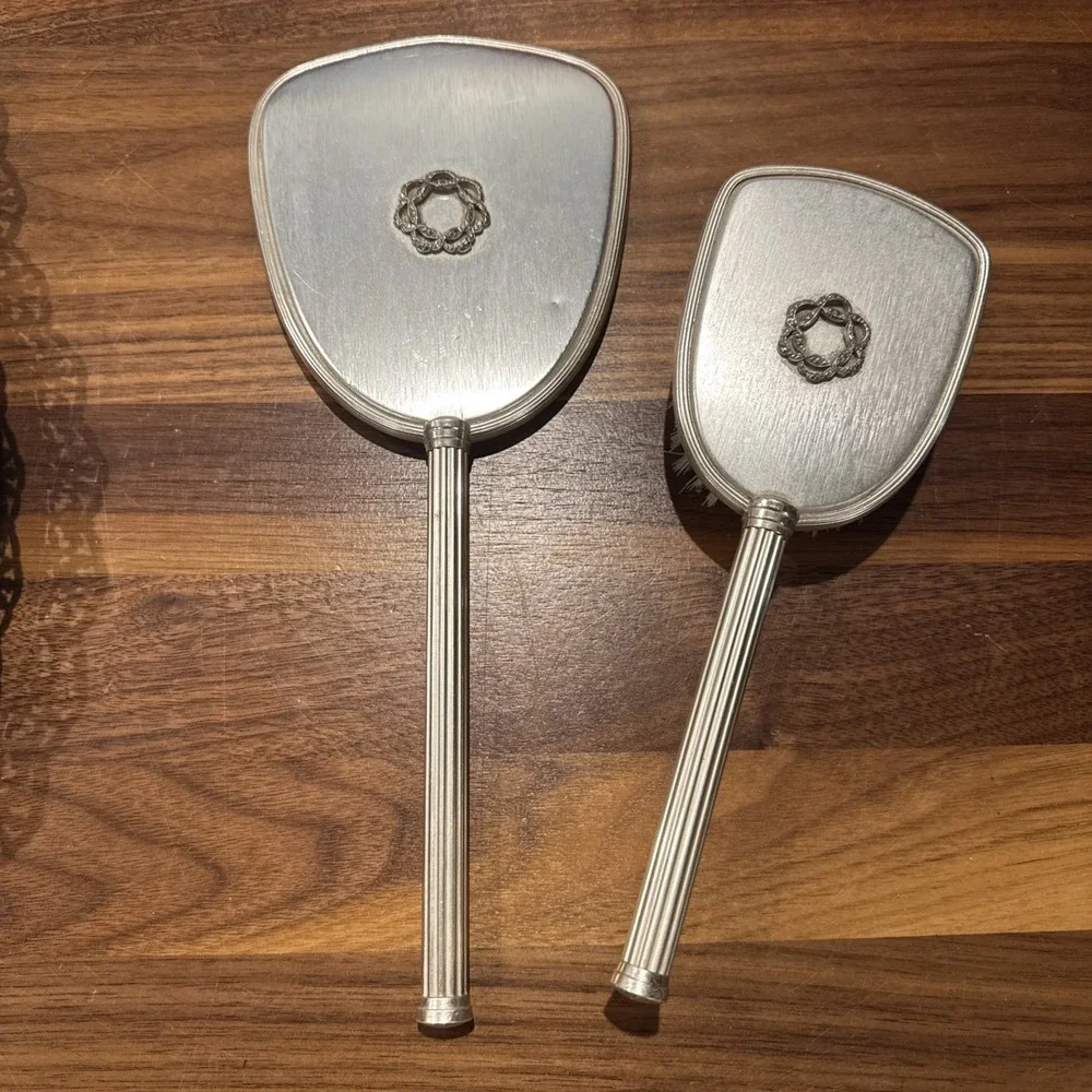 Vintage Mirror and Brush Vanity Set Silver Colored Brushed Finish